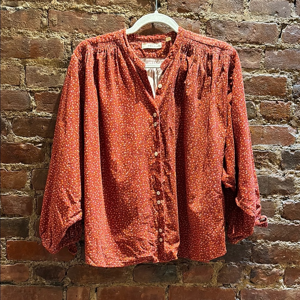 Doen Floral Corduroy Button Down with Tie Sleeves Size L